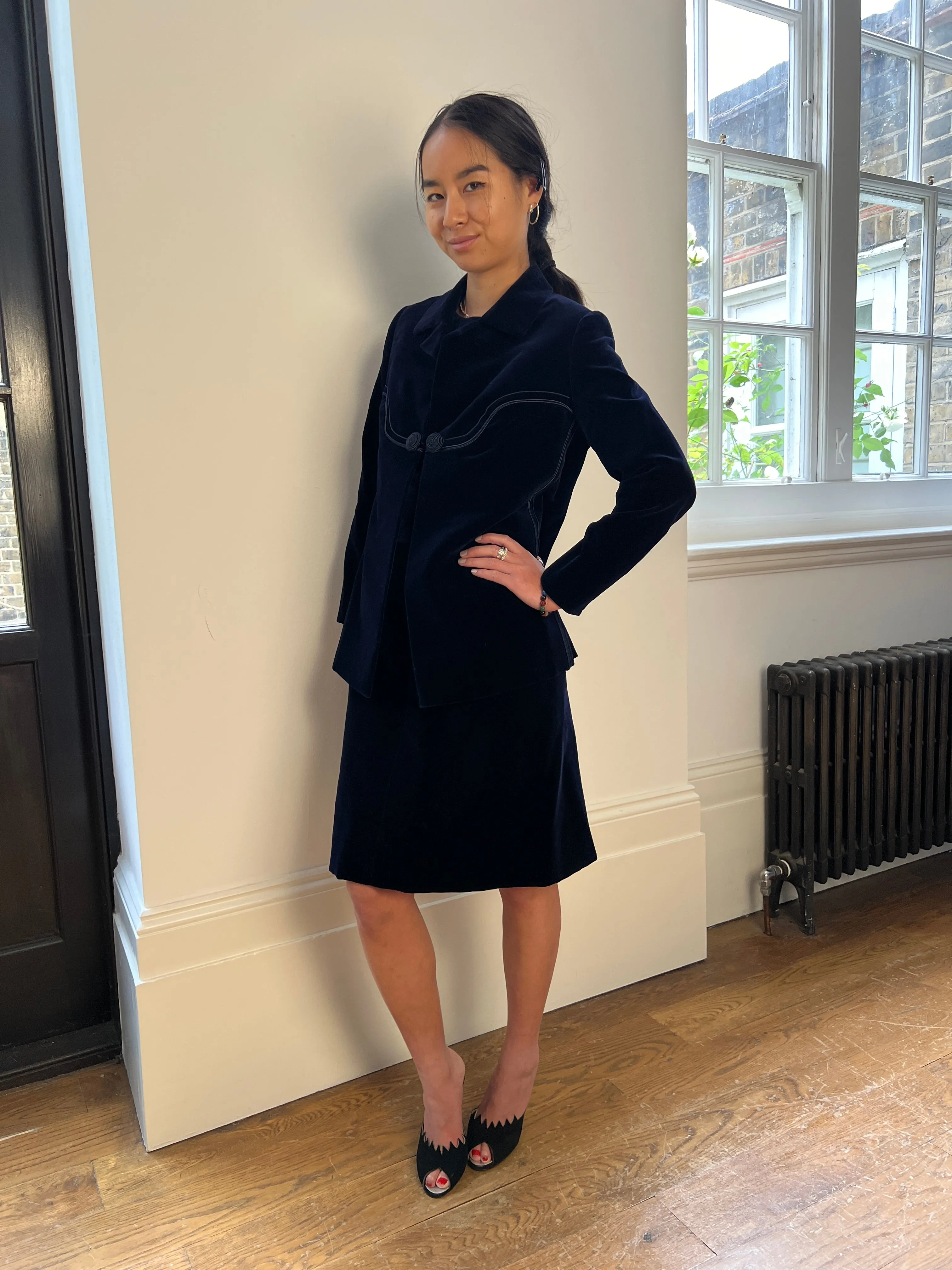 1960s Carven Haute Couture Navy Velvet Soutache Dress Suit
