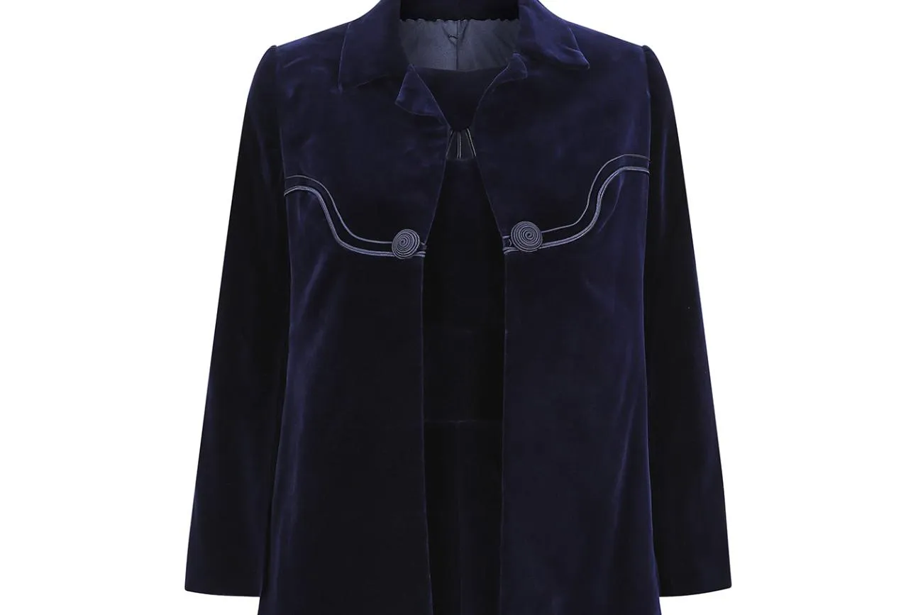 1960s Carven Haute Couture Navy Velvet Soutache Dress Suit