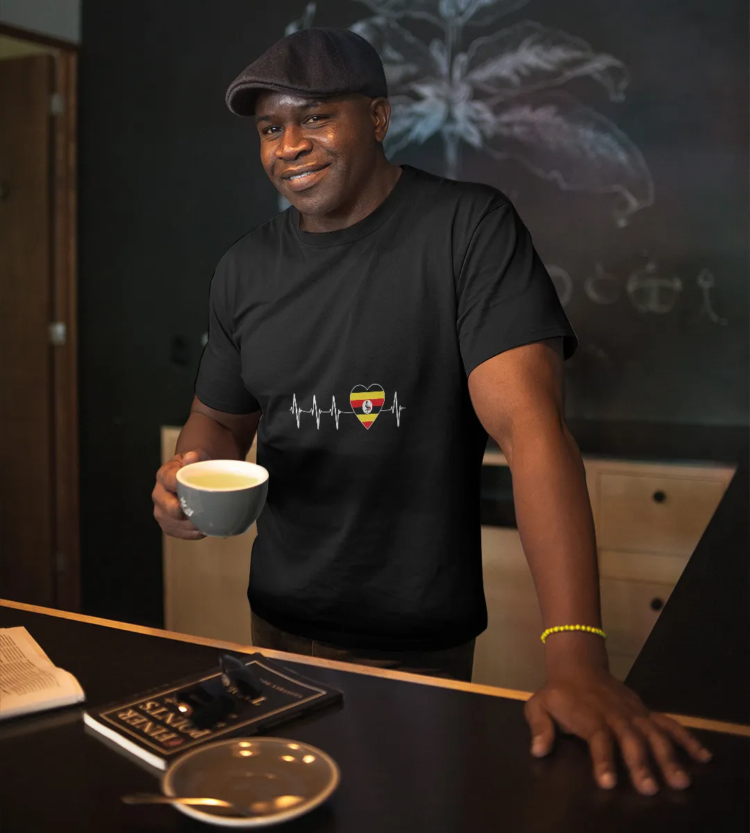 1sttheworld T-Shirt - Flag Ugandan Heartbeat T-Shirt Black A35