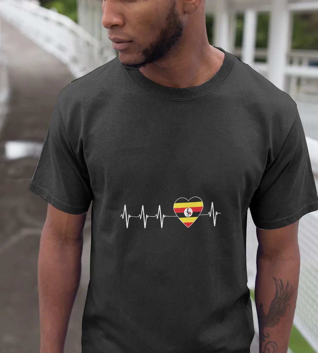 1sttheworld T-Shirt - Flag Ugandan Heartbeat T-Shirt Black A35