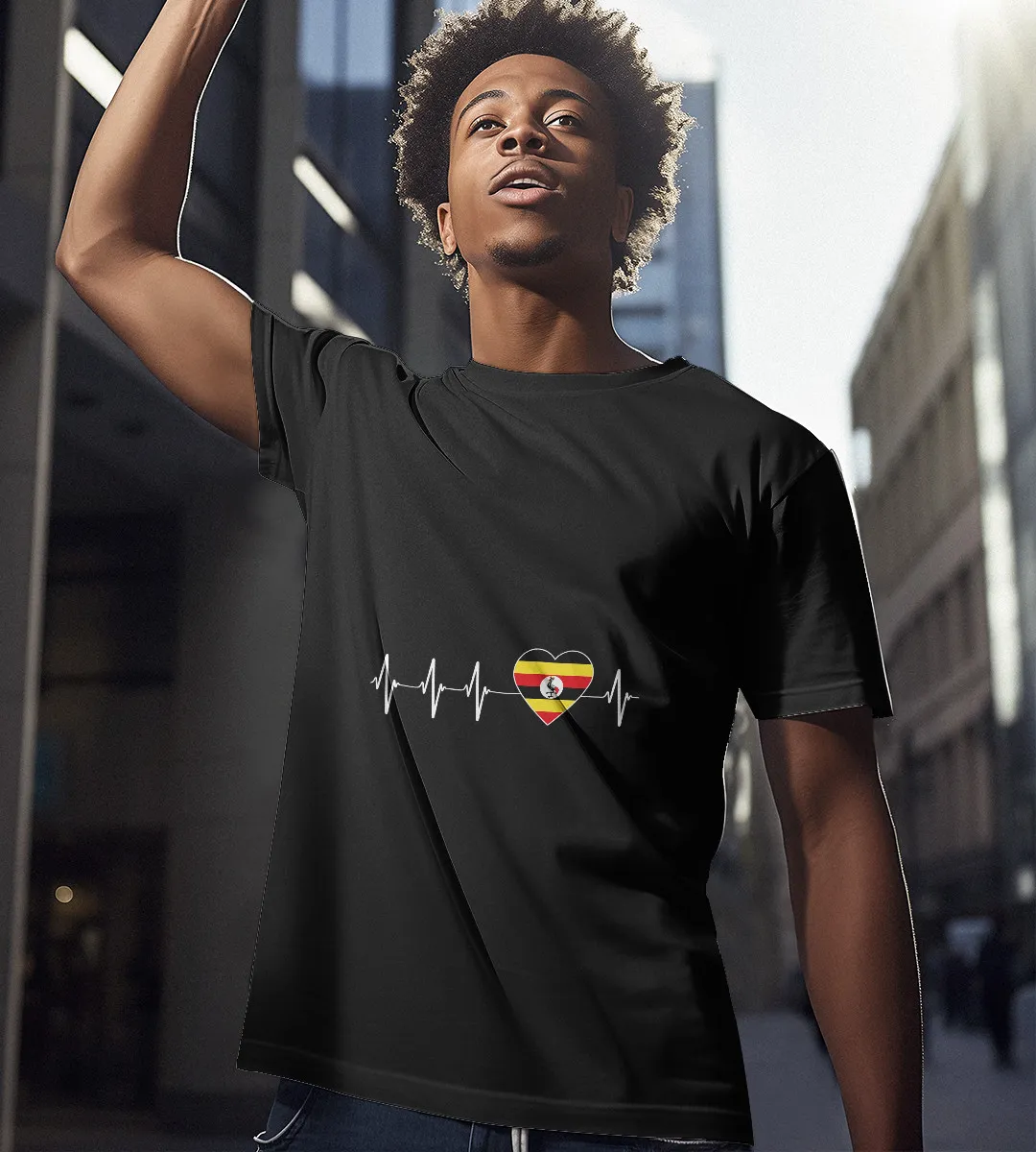 1sttheworld T-Shirt - Flag Ugandan Heartbeat T-Shirt Black A35