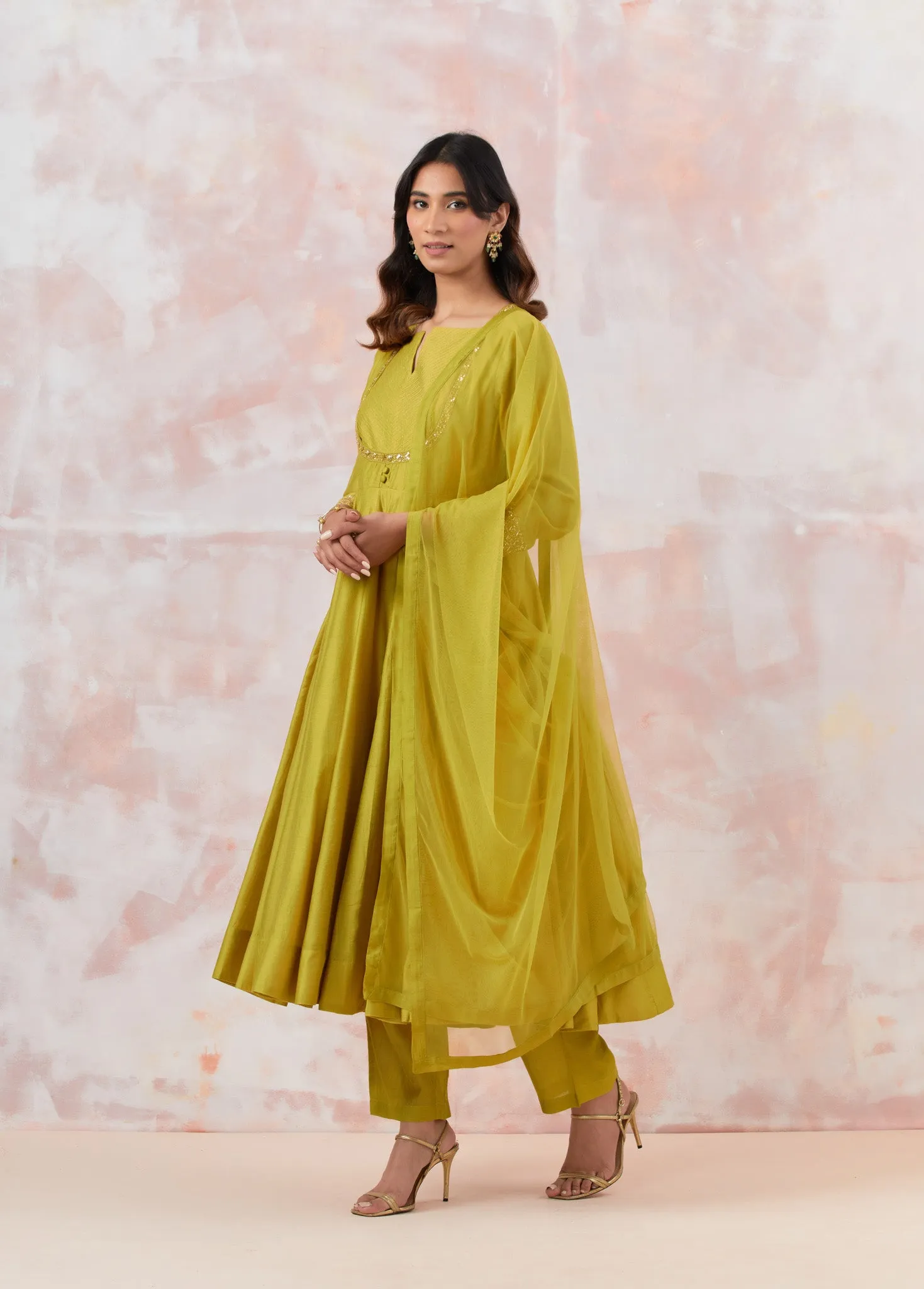 50Z859-RO Lime Green Anarkali Suit Set With Dupatta