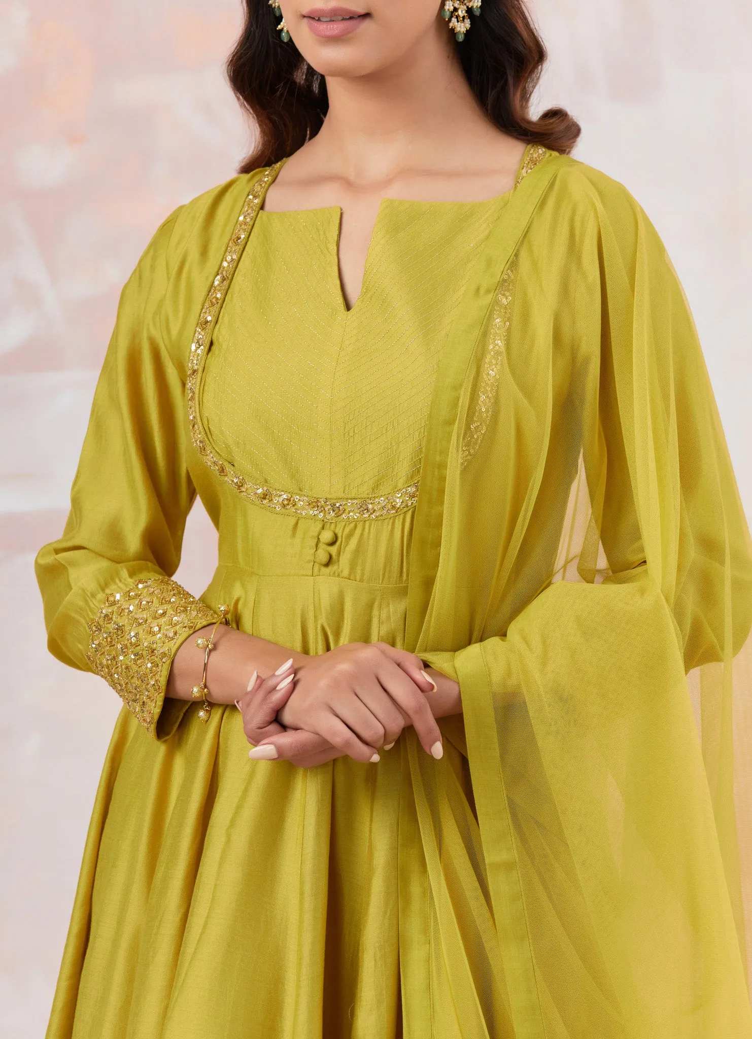 50Z859-RO Lime Green Anarkali Suit Set With Dupatta