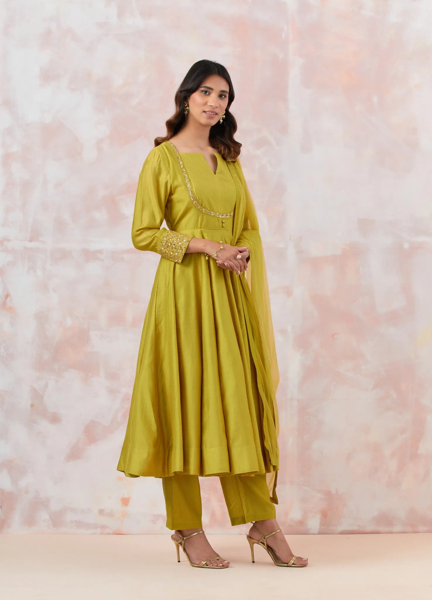 50Z859-RO Lime Green Anarkali Suit Set With Dupatta