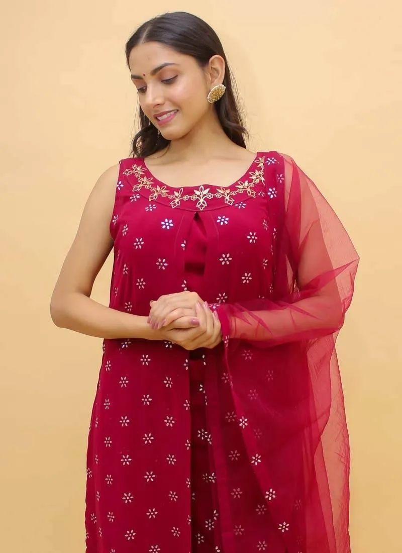 Admirable Look Red Color Georgette Base Slit-Cut Style Palazzo Salwar Suit