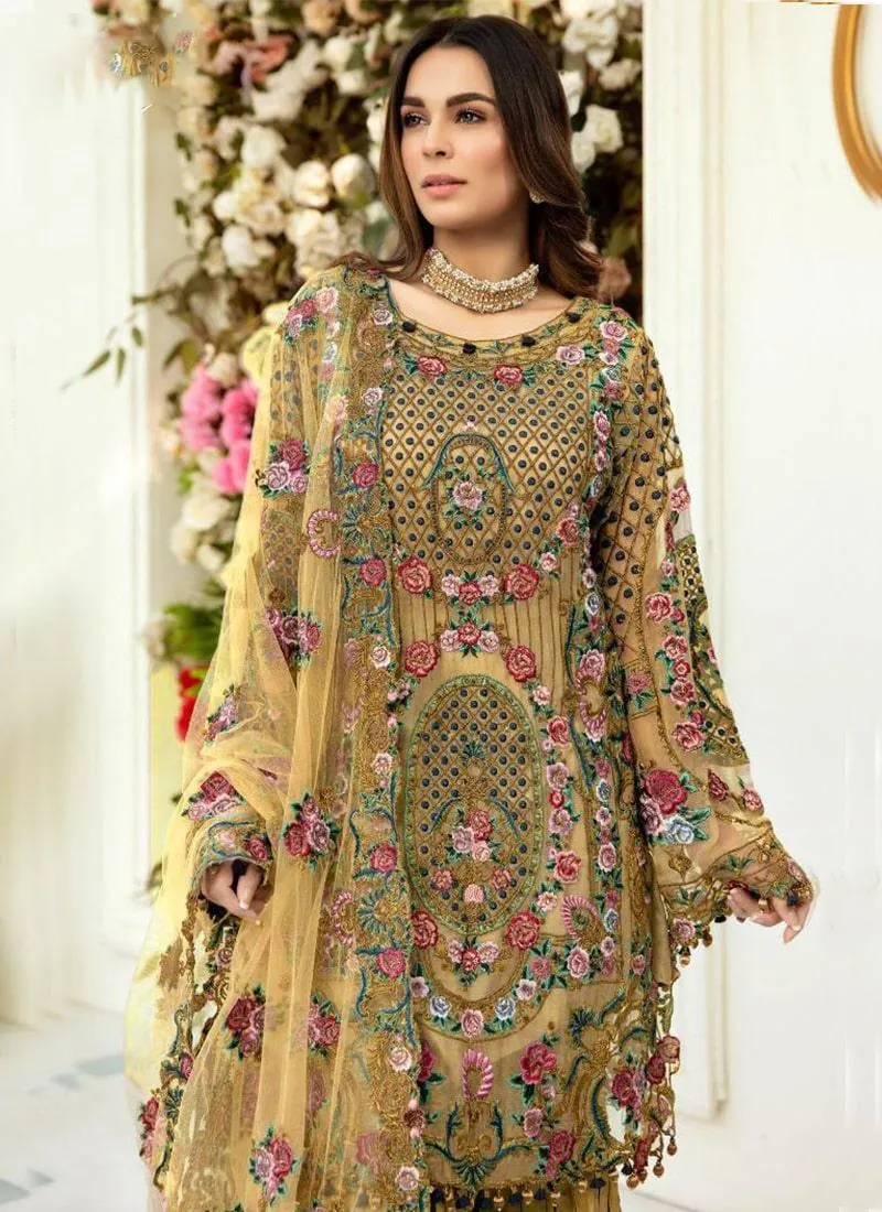 Adorable Flaxen Yellow Color Soft Net Base Pakistani Palazzo Suit