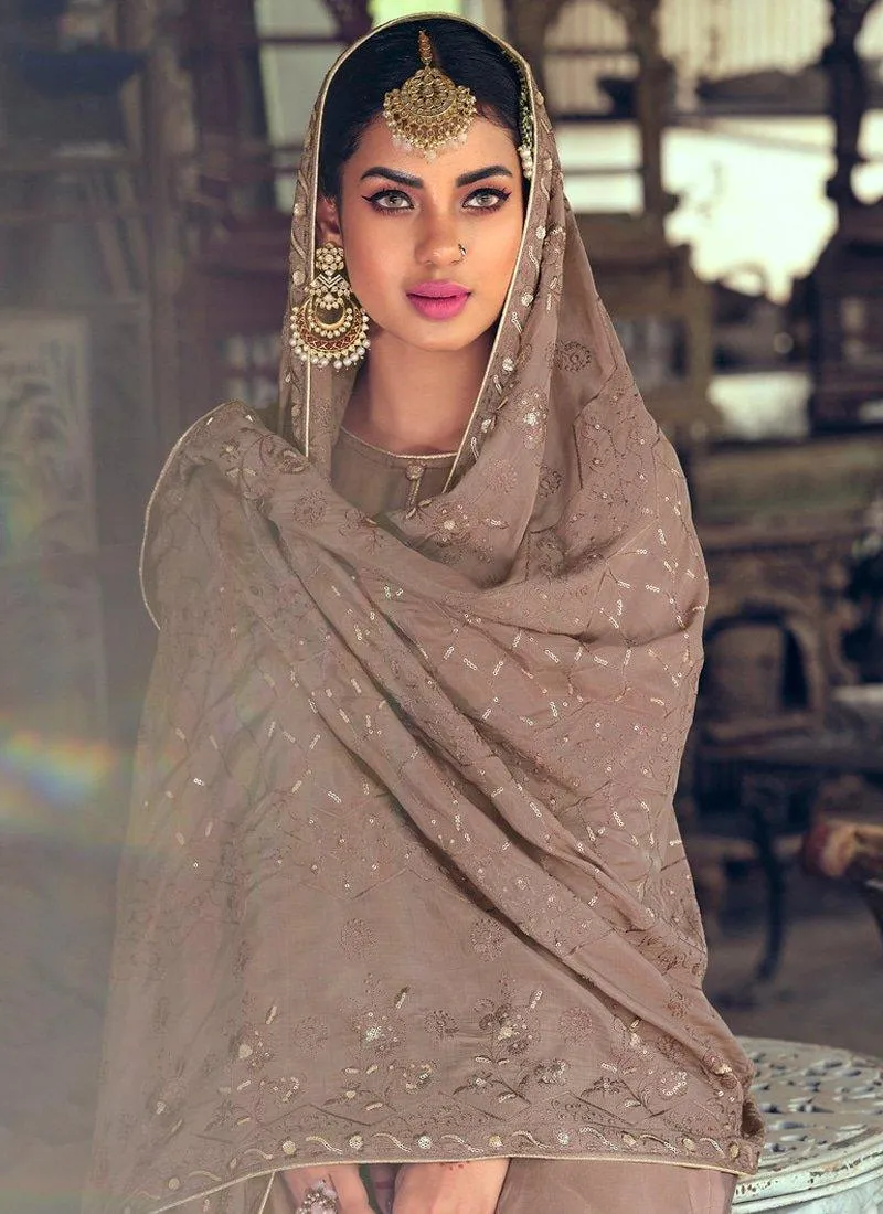 Adorable Look Brown Color Jacquard Silk Fabric Punjabi Salwar Suit
