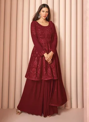 Aesthetic Georgette Fabric Maroon Color Sequins And Thread Work Palazzo Suit