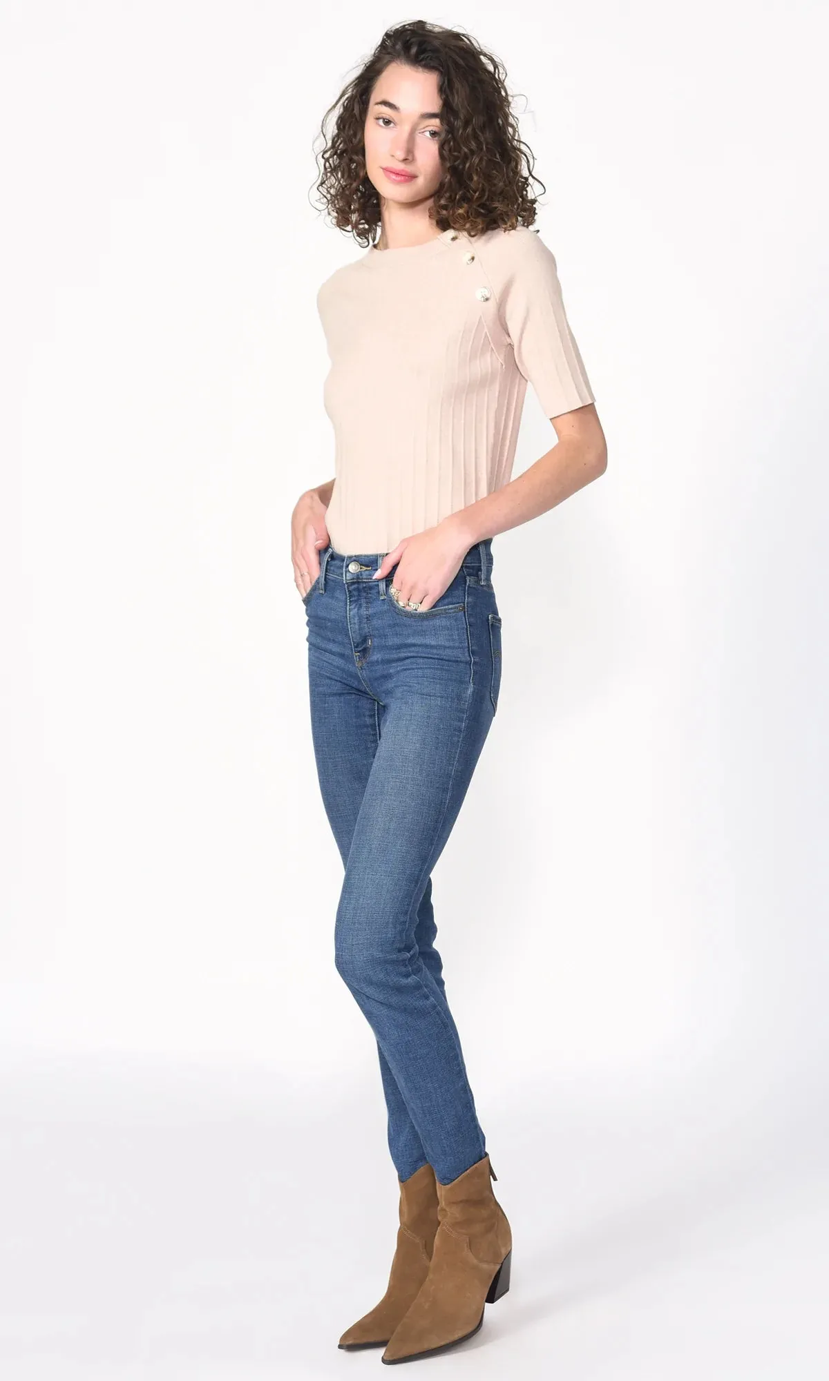 Beige Ellis Sweater Knit Button Top