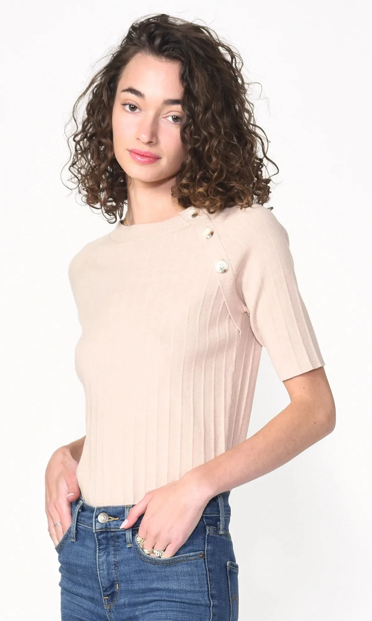 Beige Ellis Sweater Knit Button Top