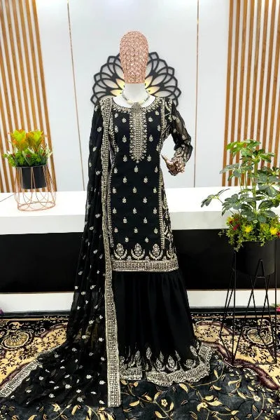 Black Faux Georgette Heavy Work Sharara Suit Set