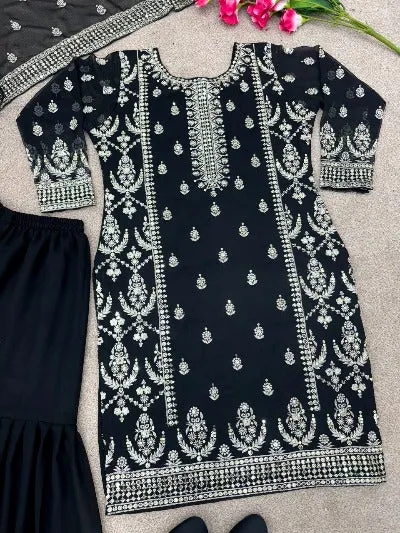 Black Faux Georgette Heavy Work Sharara Suit Set