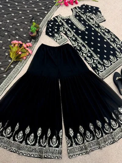 Black Faux Georgette Heavy Work Sharara Suit Set