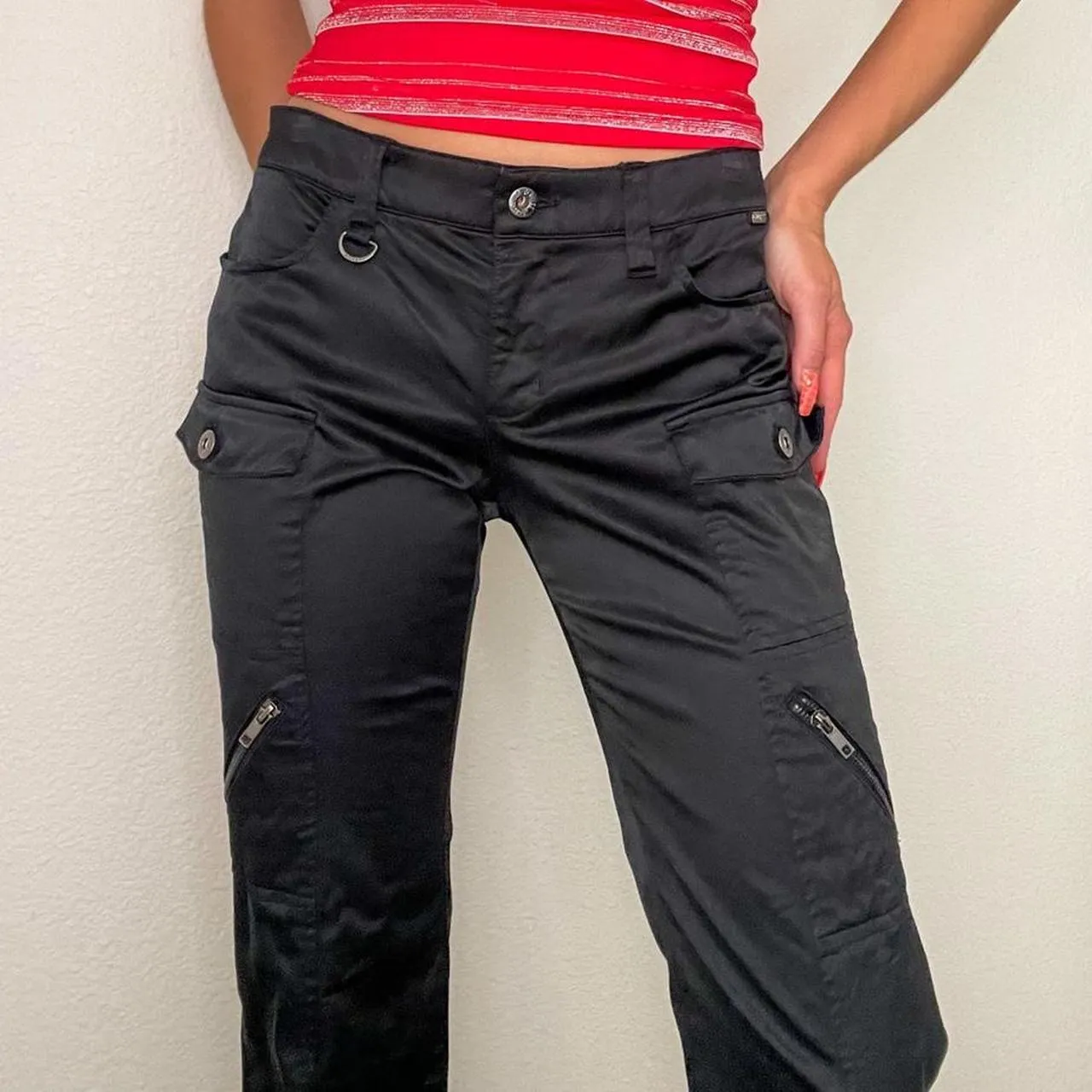 Black Y2K Satin Cargo Pants