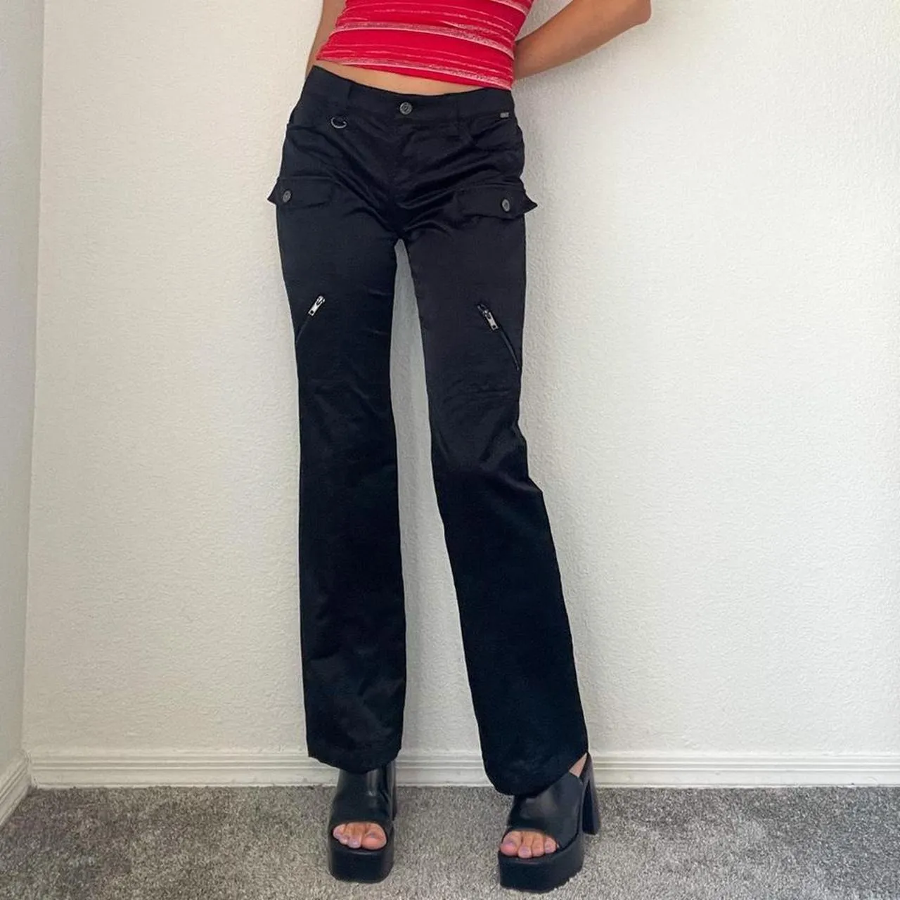 Black Y2K Satin Cargo Pants