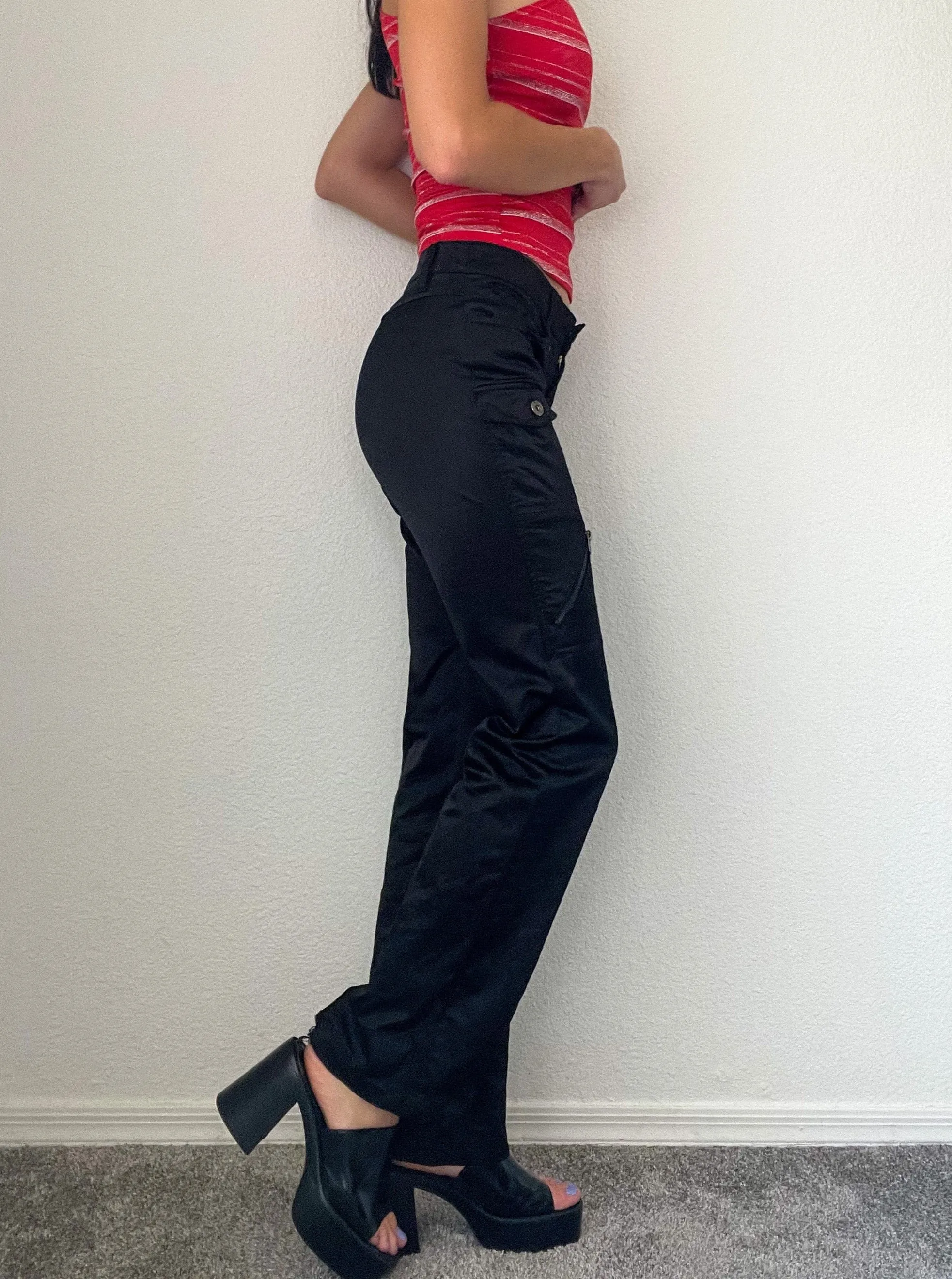 Black Y2K Satin Cargo Pants