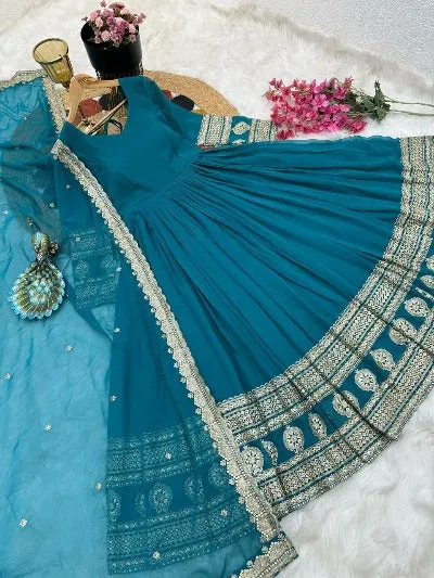 Blue Embroidered Sequence Work Georgette Anarkali Gown With Dupatta