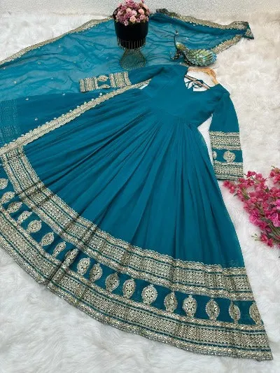 Blue Embroidered Sequence Work Georgette Anarkali Gown With Dupatta