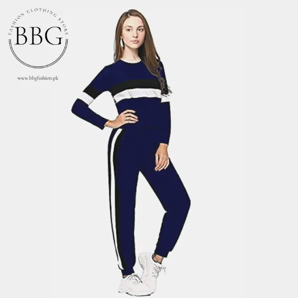 Dark Blue White Grey Stripe Tracksuit for Women