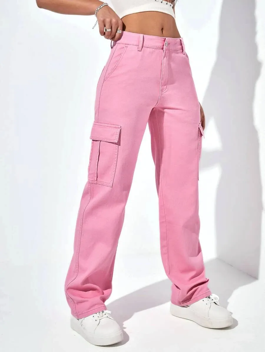 Denim High Waist Cargo Jeans