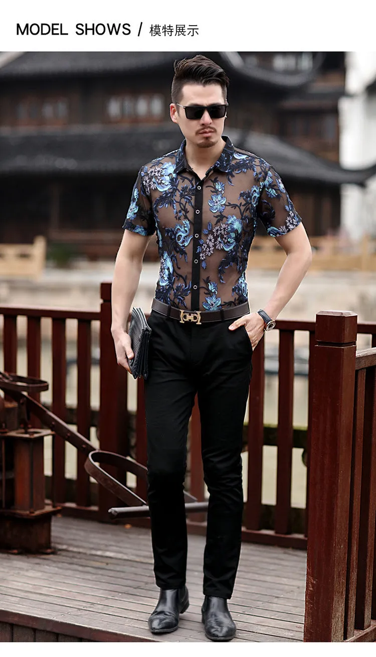 Embroidery Sexy Men Transparent Mesh Slim Fit Shirt