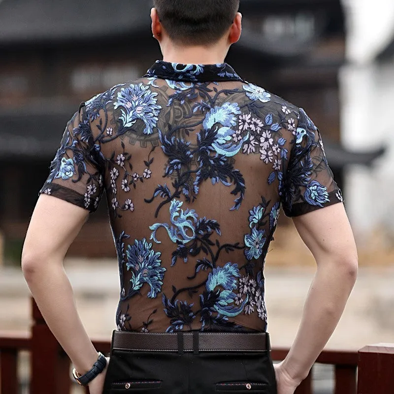 Embroidery Sexy Men Transparent Mesh Slim Fit Shirt
