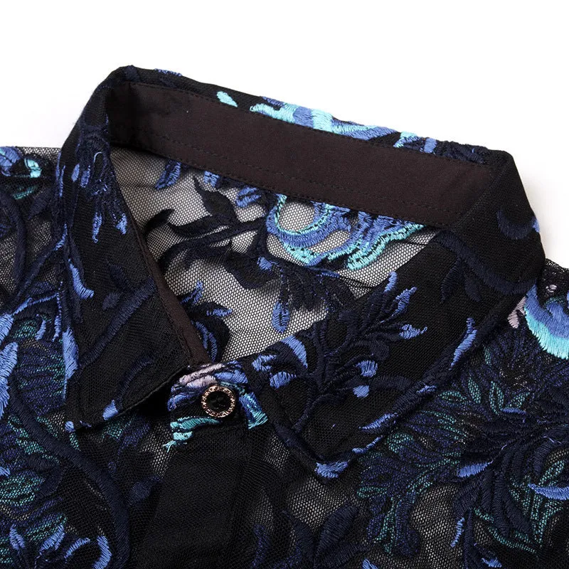 Embroidery Sexy Men Transparent Mesh Slim Fit Shirt