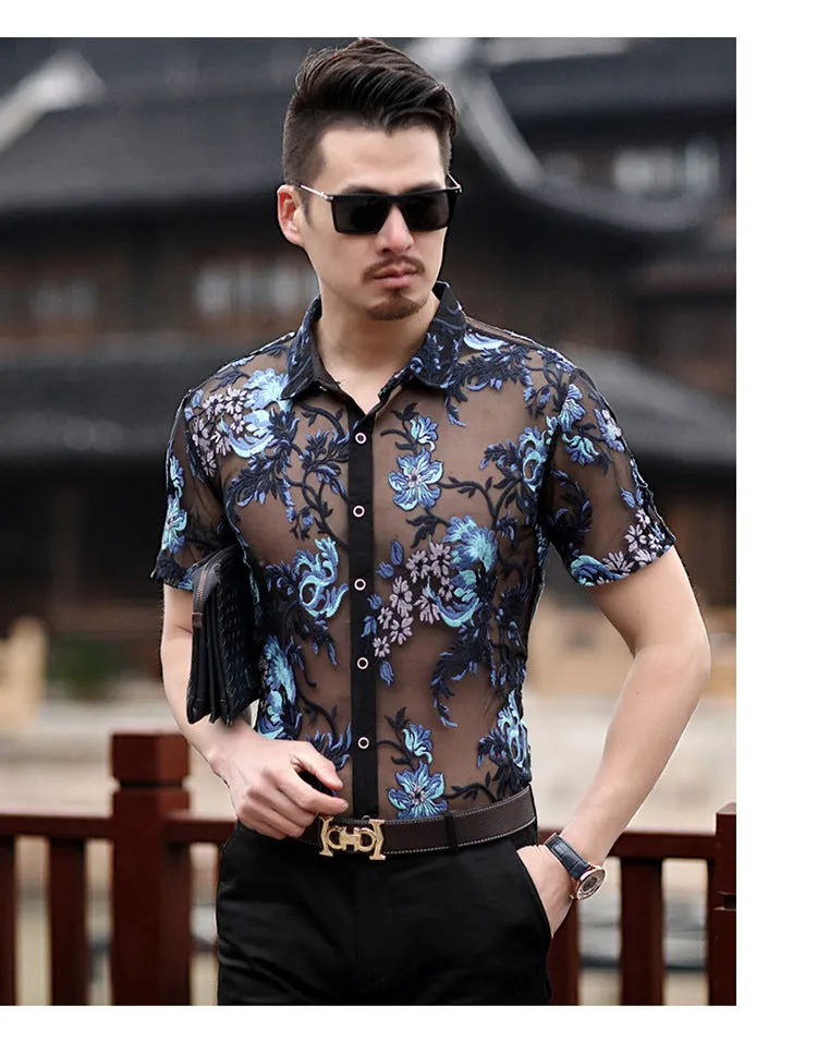 Embroidery Sexy Men Transparent Mesh Slim Fit Shirt