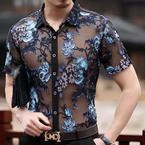 Embroidery Sexy Men Transparent Mesh Slim Fit Shirt