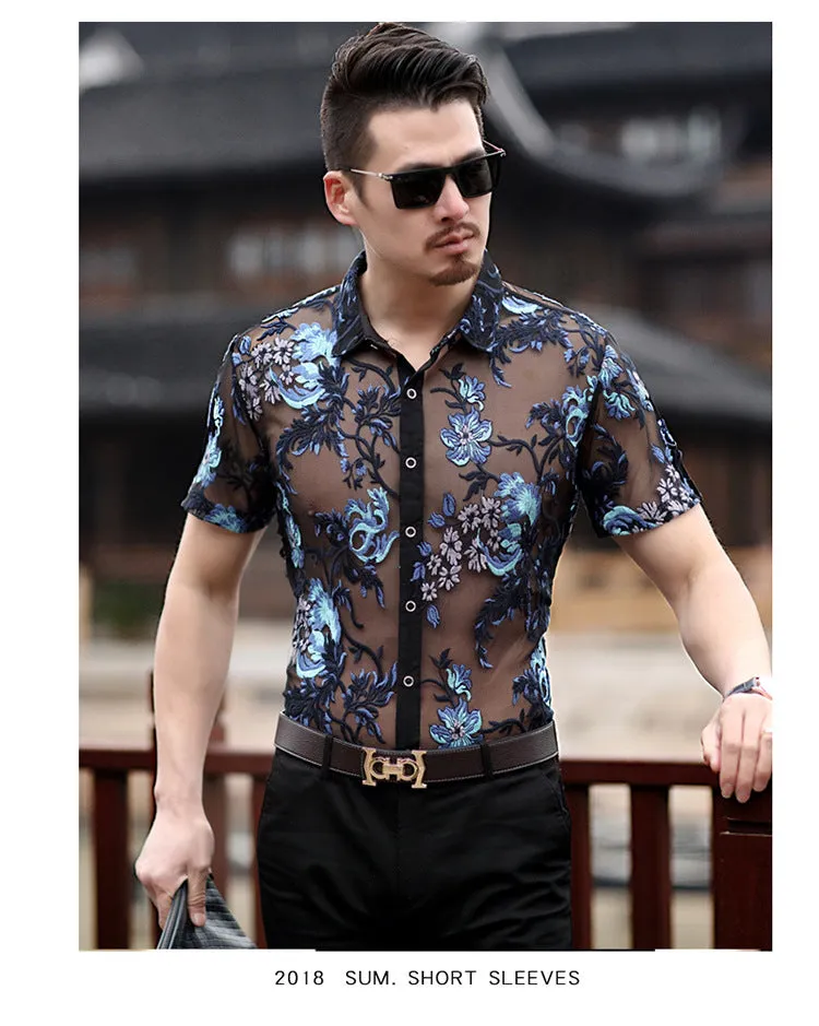 Embroidery Sexy Men Transparent Mesh Slim Fit Shirt
