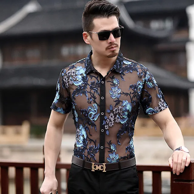 Embroidery Sexy Men Transparent Mesh Slim Fit Shirt