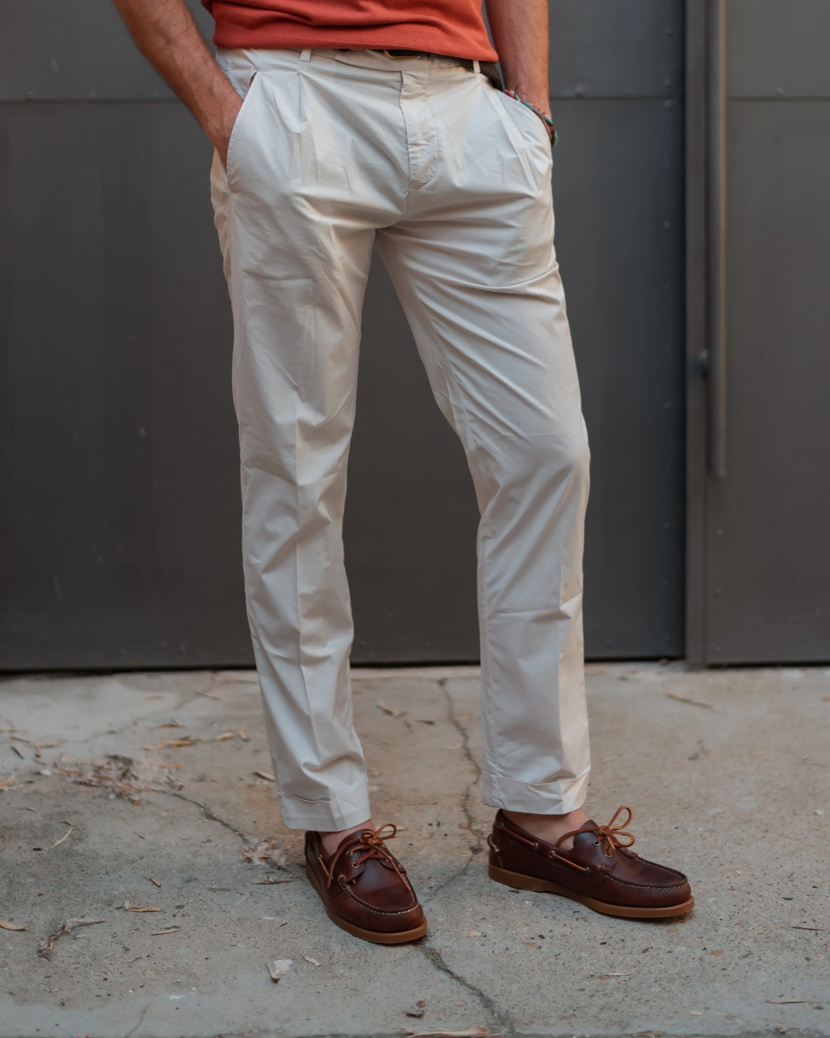 FRESH Cotton Lyocell One-Pleat Chino Pants In White Milk