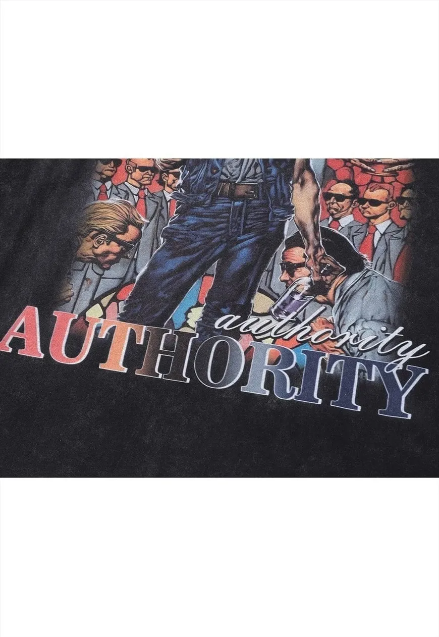 Gangster t-shirt vintage wash retro poster top long tee grey