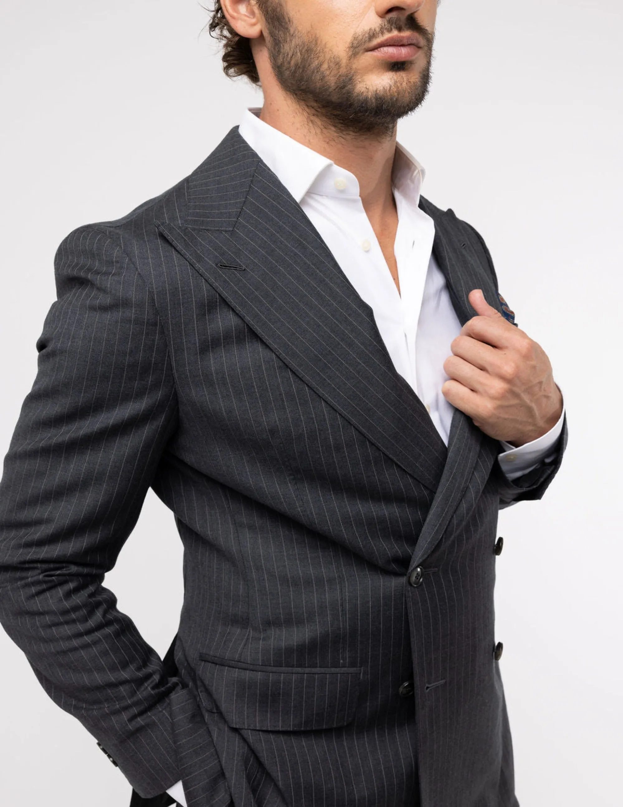 Grey White Stripes Wool Double Breasted Suit