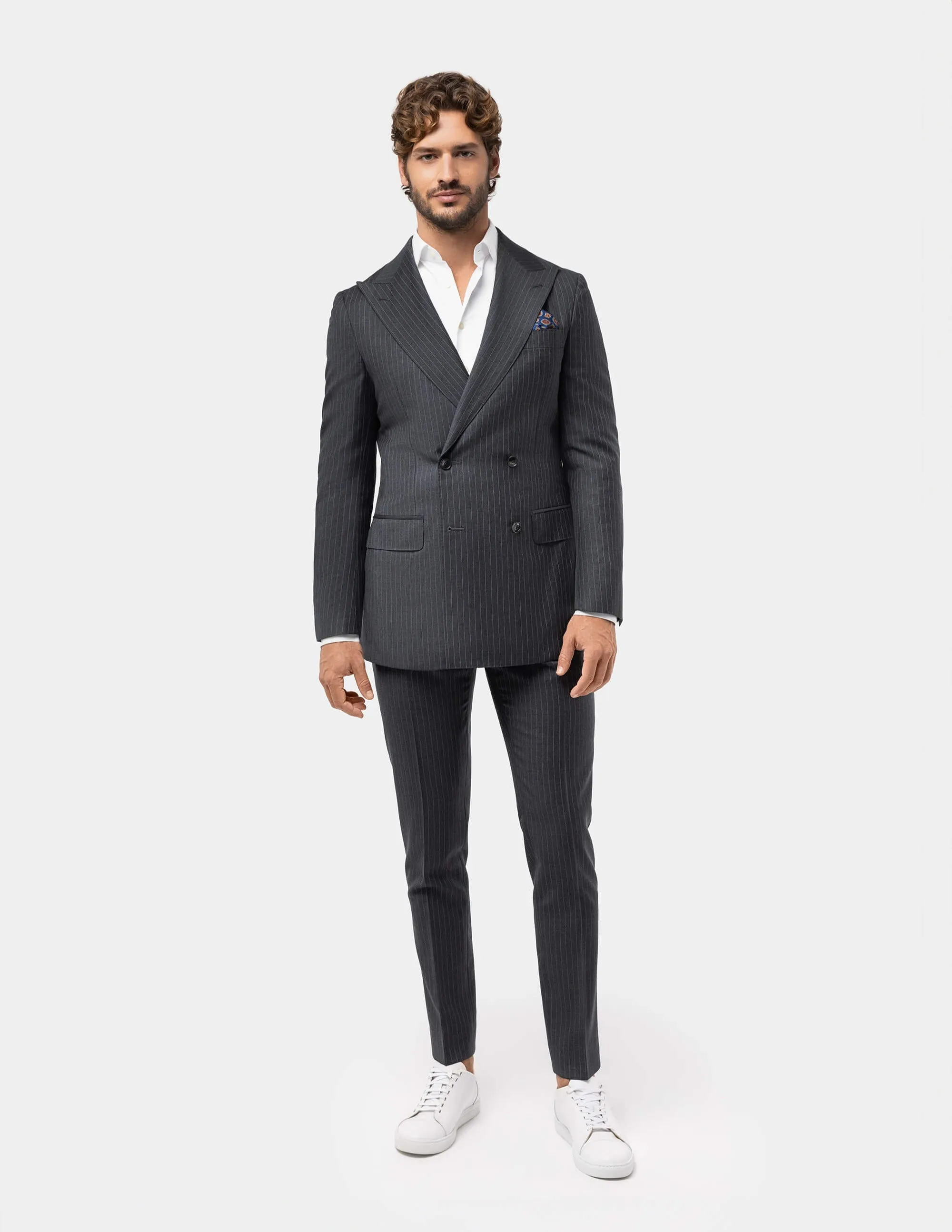Grey White Stripes Wool Double Breasted Suit