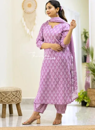Lilac Cotton Sanganeri Print Straight Salwar Suit Set