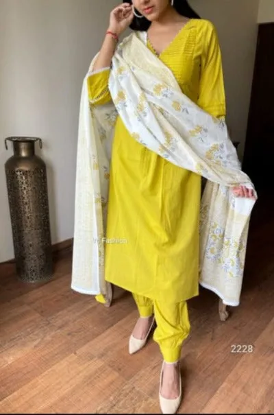 Lime Green White Cotton Salwar Kameez Dupatta