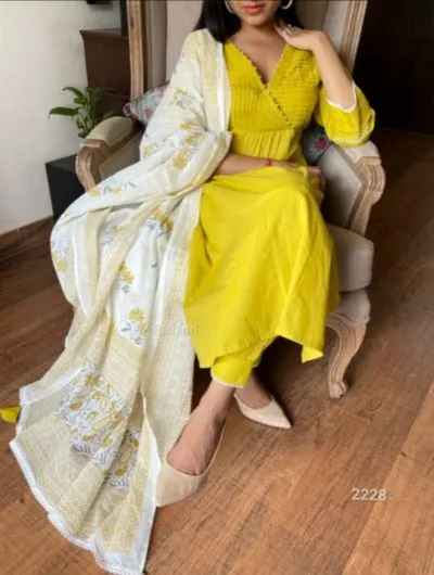 Lime Green White Cotton Salwar Kameez Dupatta