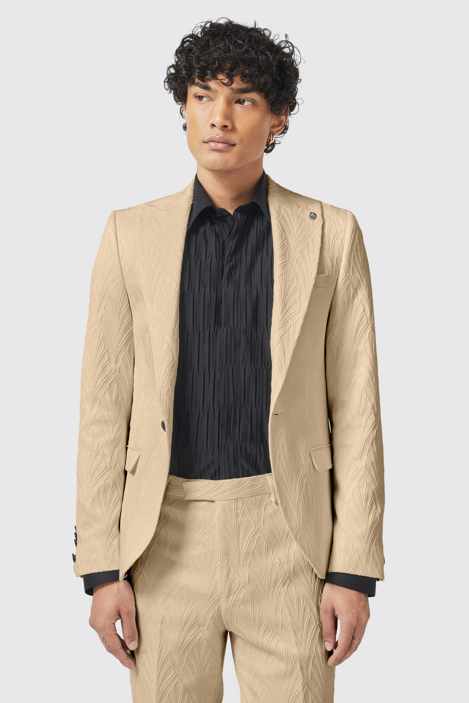 Makowski Slim Fit Beige Jacquard Suit - ARCHIVE