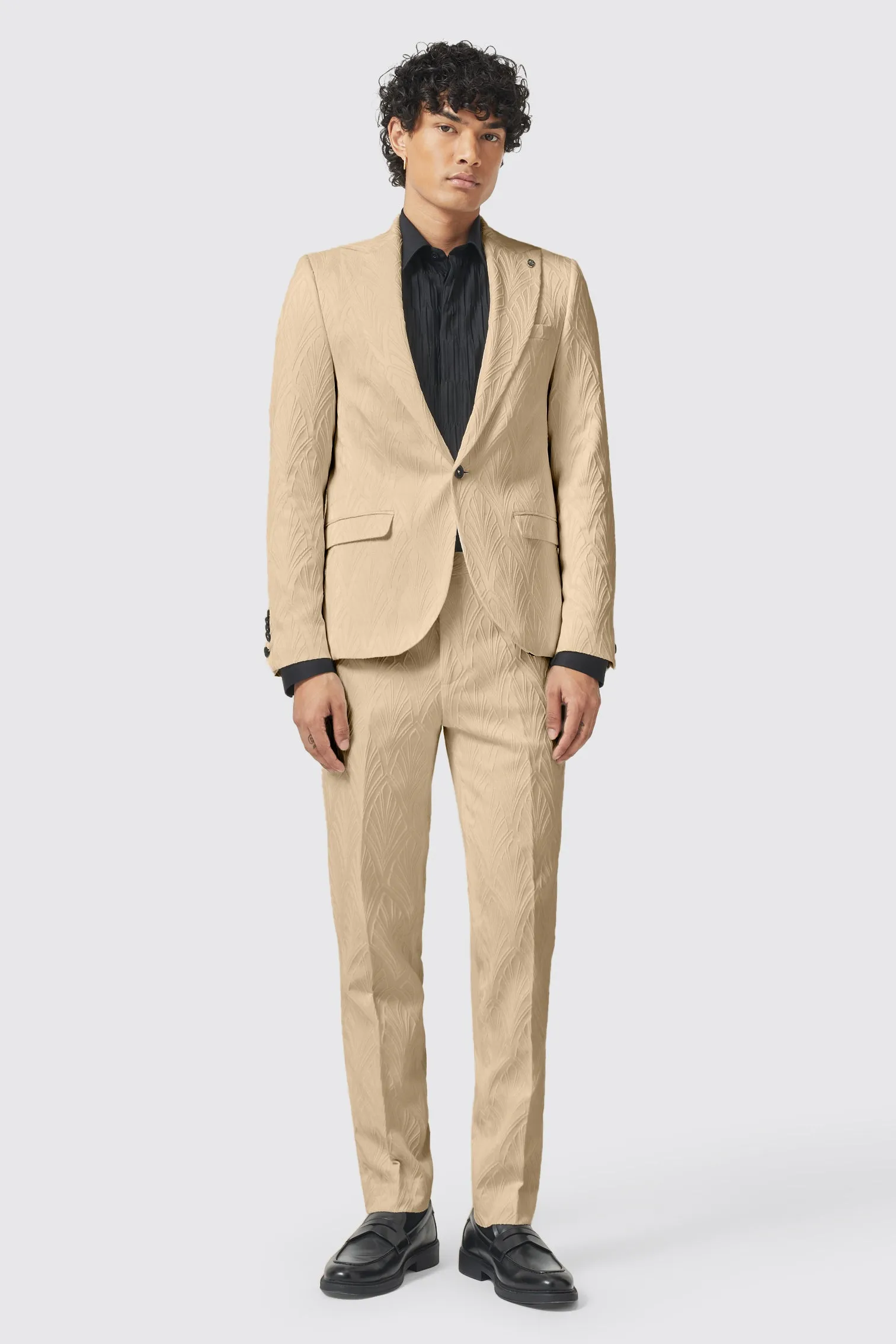 Makowski Slim Fit Beige Jacquard Suit - ARCHIVE