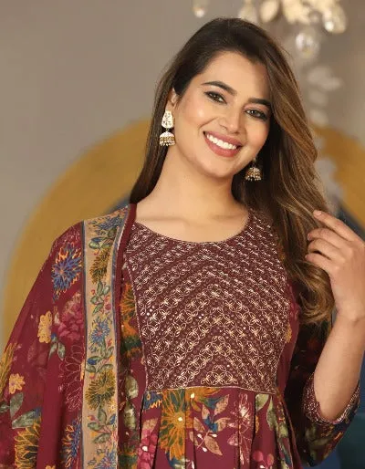 Maroon Floral Rayon Silk Nyra Cut Salwar Suit Set