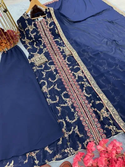 Navy Blue Heavy Georgette Embroidery Sequence Anarkali Gown Set