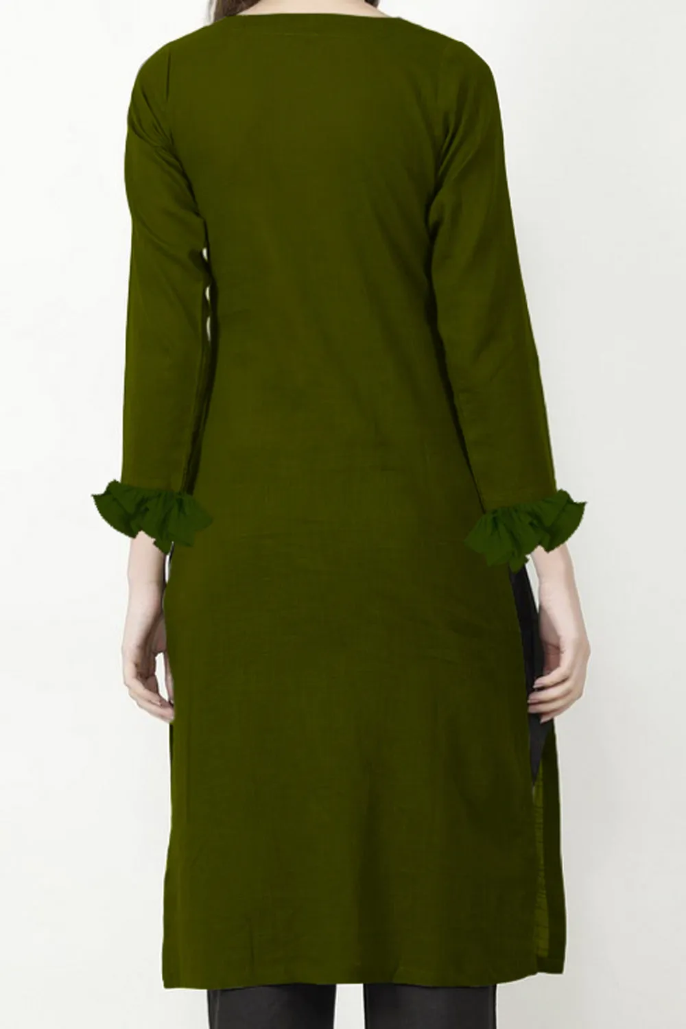 Olivia - Olive green kurta with ruffle sleeve hem
