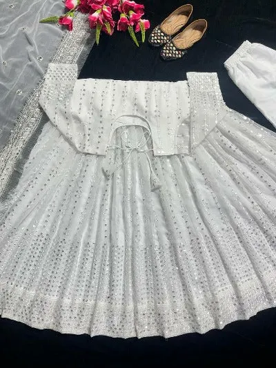 Pearl White Sequence Full Sleeves Designer Anarkali Suit Set