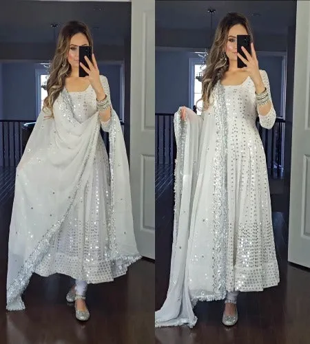 Pearl White Sequence Full Sleeves Designer Anarkali Suit Set