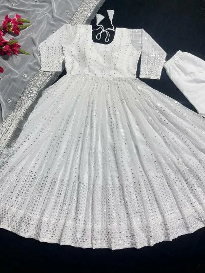 Pearl White Sequence Full Sleeves Designer Anarkali Suit Set