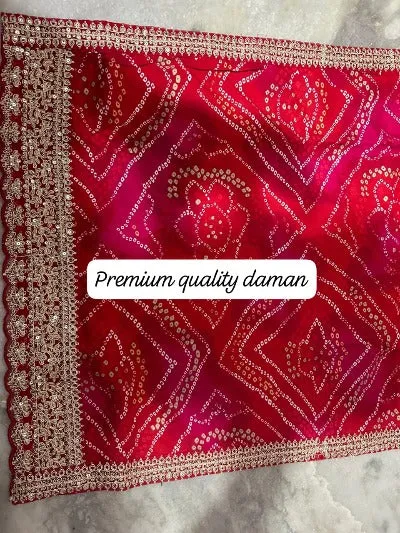 Red Bandhej Print Hand Work Heavy Cotton Salwar Suit With Organza Dupatta