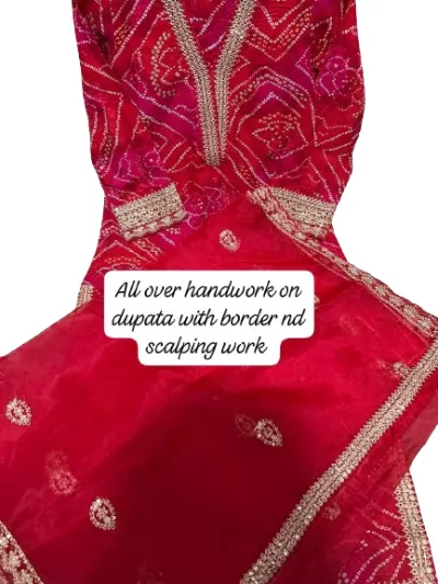 Red Bandhej Print Hand Work Heavy Cotton Salwar Suit With Organza Dupatta