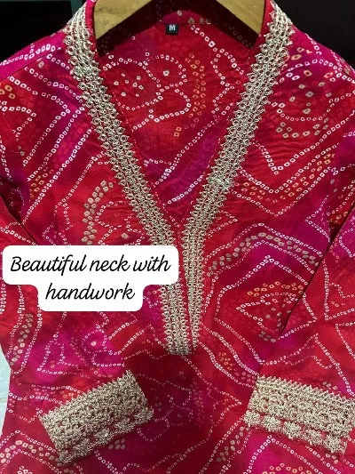Red Bandhej Print Hand Work Heavy Cotton Salwar Suit With Organza Dupatta