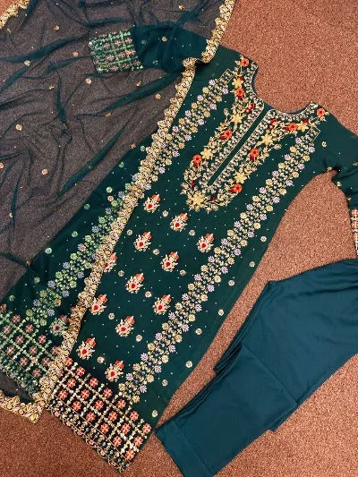 Elegant Teal Green Georgette Wedding Suit Set with Heavy Sequence Embroidery